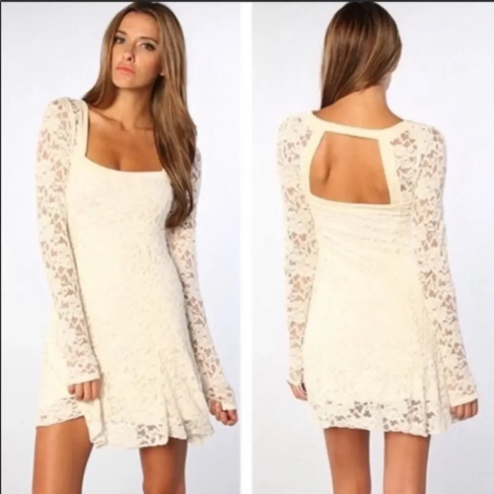 FP FREE PEOPLE Cream White Flirt For You Lace Sheer Long sleeve Mini Dress Small